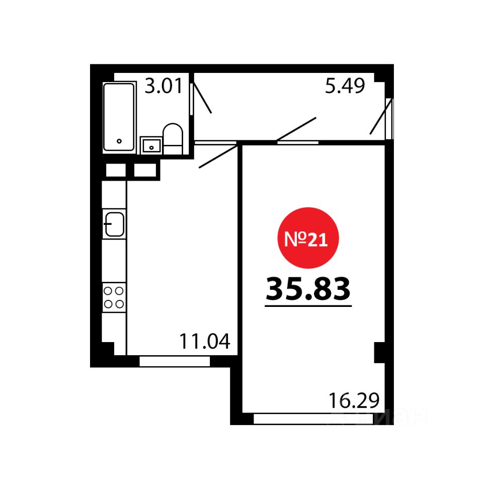 1-комн.кв., 35,8 м², 2/4 этаж