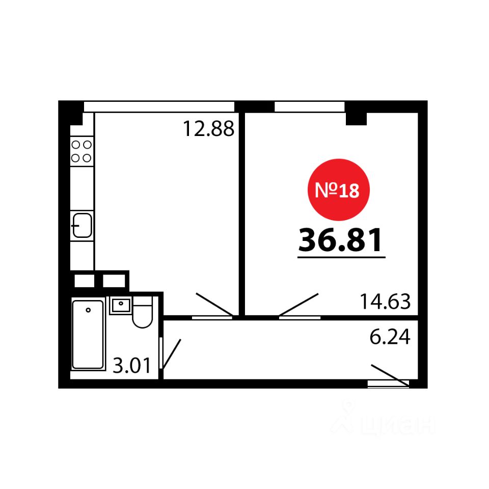 1-комн.кв., 36,8 м², 1/4 этаж