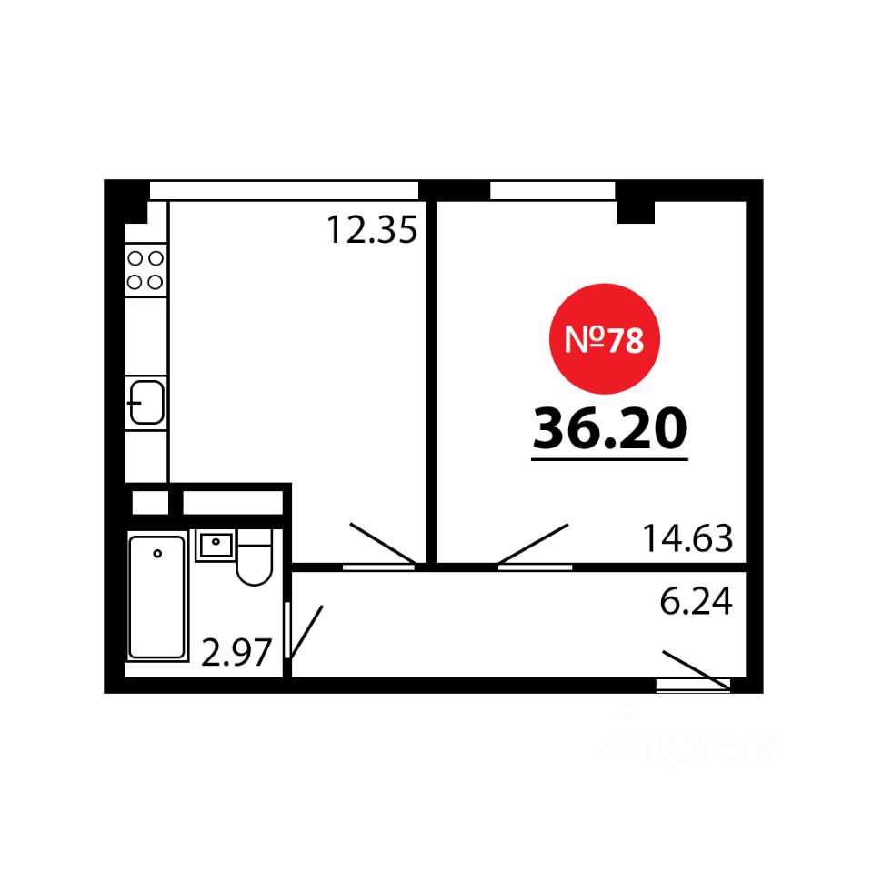 1-комн.кв., 36,2 м², 4/4 этаж