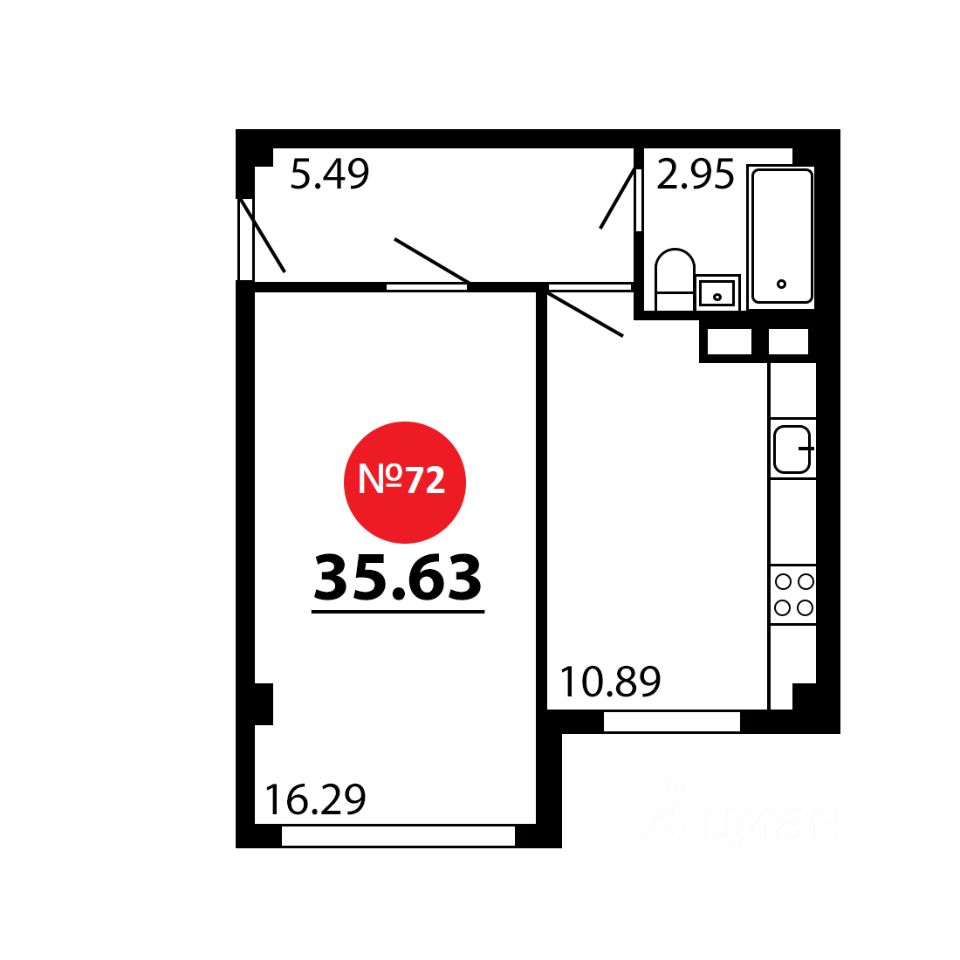 1-комн.кв., 35,6 м², 2/4 этаж