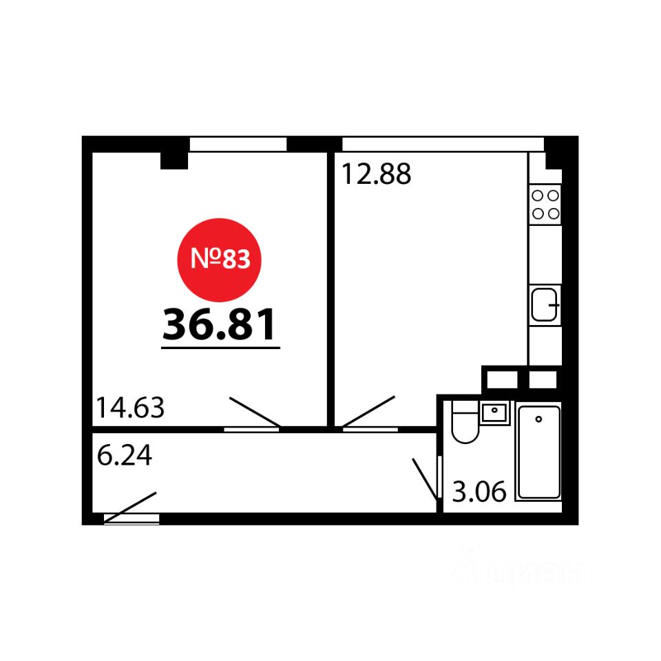 1-комн.кв., 36,8 м², 1/4 этаж