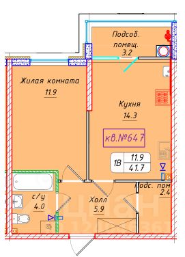 1-комн.кв., 41,7 м², 2/22 этаж
