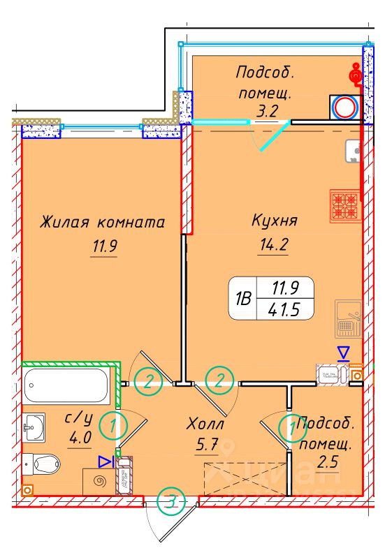 1-комн.кв., 41,5 м², 8/22 этаж