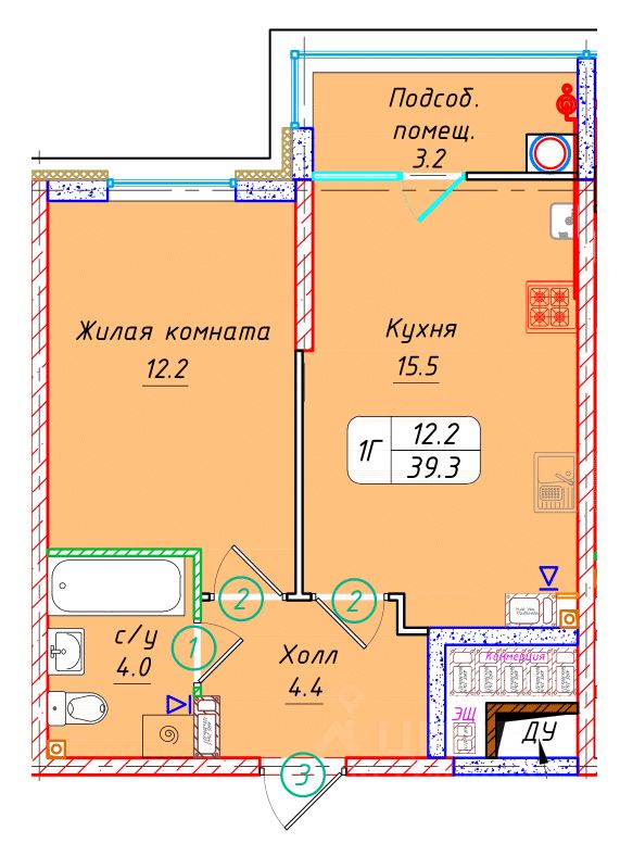 1-комн.кв., 39,3 м², 3/22 этаж