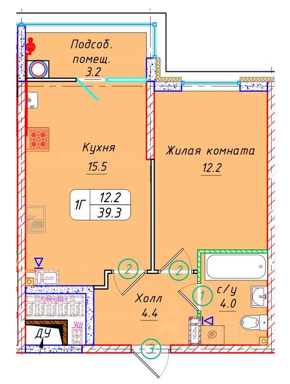 1-комн.кв., 39,3 м², 3/22 этаж