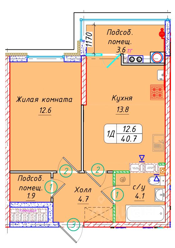 1-комн.кв., 40,7 м², 7/22 этаж