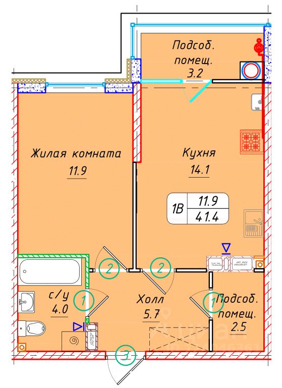 1-комн.кв., 41,4 м², 13/22 этаж