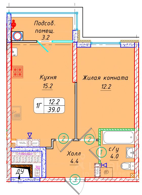 1-комн.кв., 39 м², 12/22 этаж