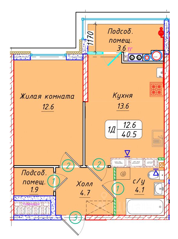 1-комн.кв., 40,5 м², 19/22 этаж