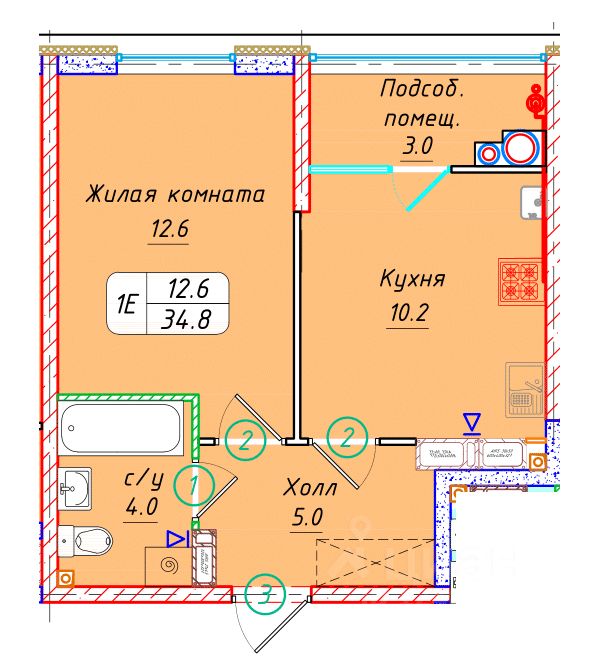 1-комн.кв., 34,8 м², 20/22 этаж