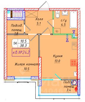 1-комн.кв., 38,3 м², 2/22 этаж