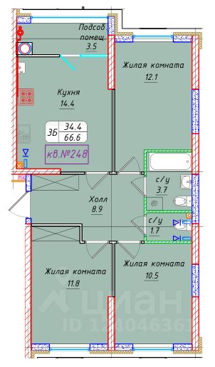 3-комн.кв., 66,6 м², 2/22 этаж