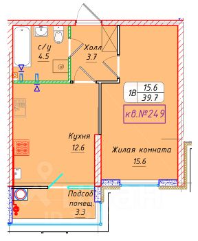 1-комн.кв., 39,7 м², 2/22 этаж