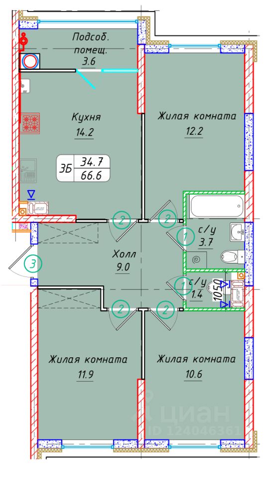 3-комн.кв., 66,6 м², 10/22 этаж