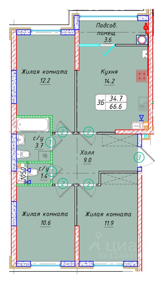 3-комн.кв., 66,6 м², 6/22 этаж