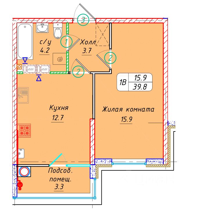 1-комн.кв., 39,8 м², 4/22 этаж