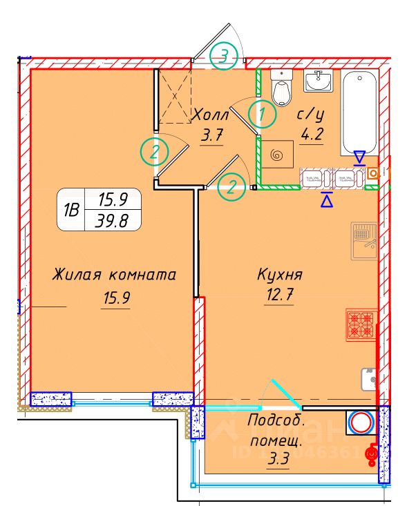 1-комн.кв., 39,8 м², 9/22 этаж