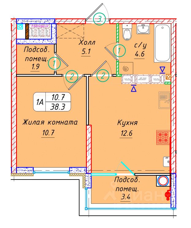 1-комн.кв., 38,3 м², 18/22 этаж