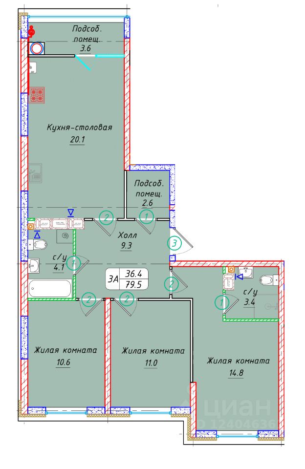 3-комн.кв., 79,5 м², 12/22 этаж