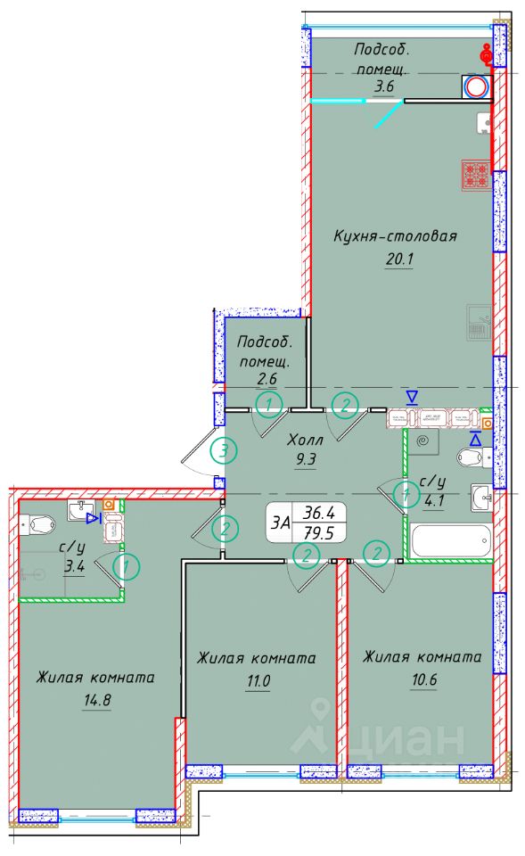 3-комн.кв., 79,5 м², 15/22 этаж