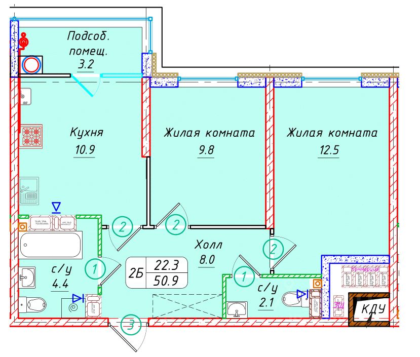 2-комн.кв., 50,9 м², 11/22 этаж