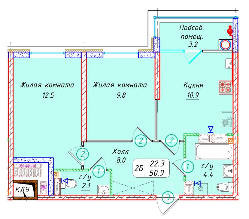 2-комн.кв., 50,9 м², 14/22 этаж