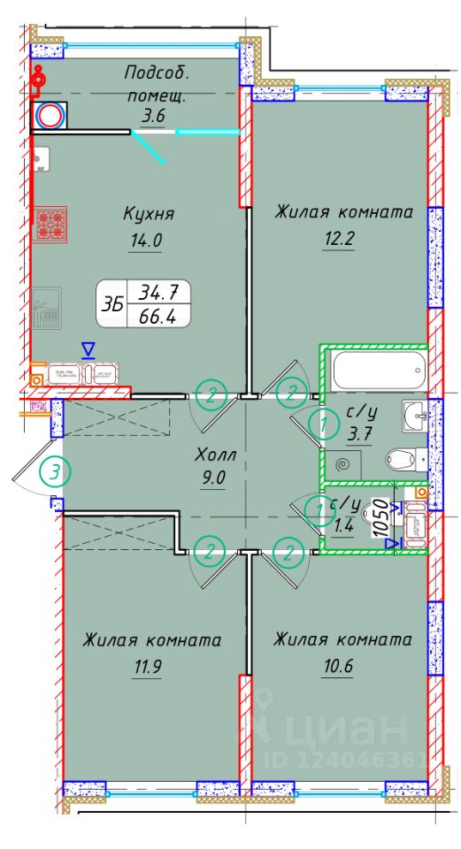 3-комн.кв., 66,4 м², 18/22 этаж
