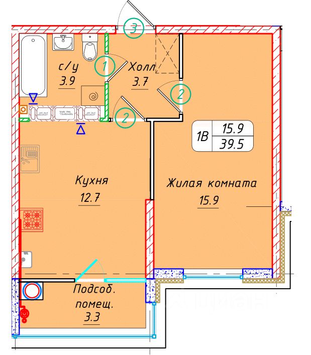 1-комн.кв., 39,5 м², 16/22 этаж