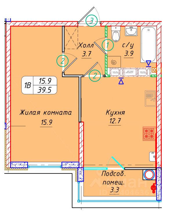 1-комн.кв., 39,5 м², 14/22 этаж