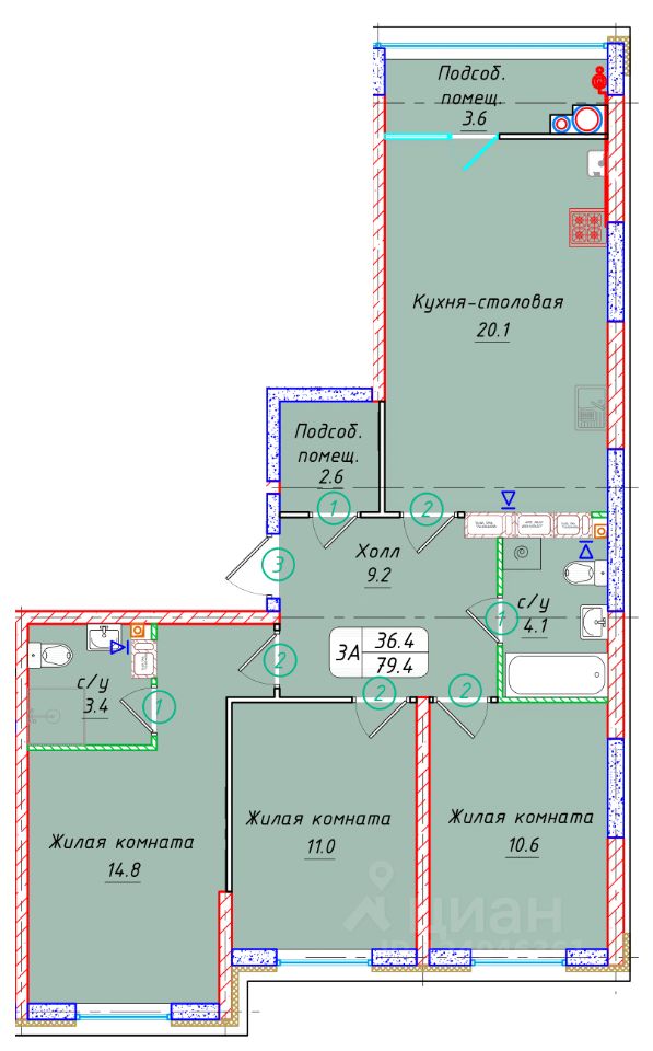 3-комн.кв., 79,4 м², 20/22 этаж