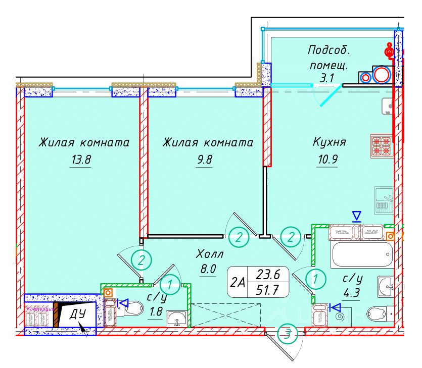 2-комн.кв., 51,7 м², 20/22 этаж