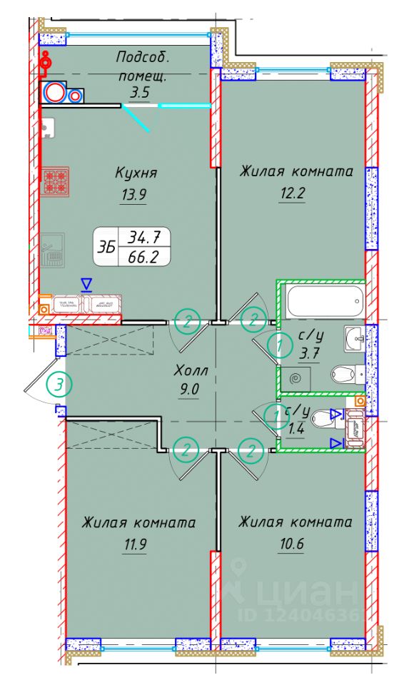 3-комн.кв., 66,2 м², 19/22 этаж