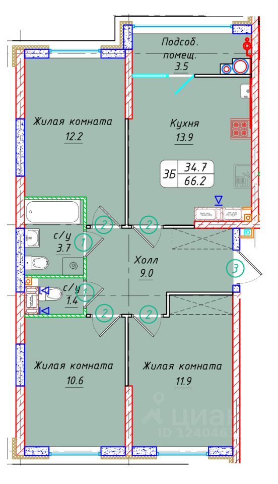 3-комн.кв., 66,2 м², 20/22 этаж