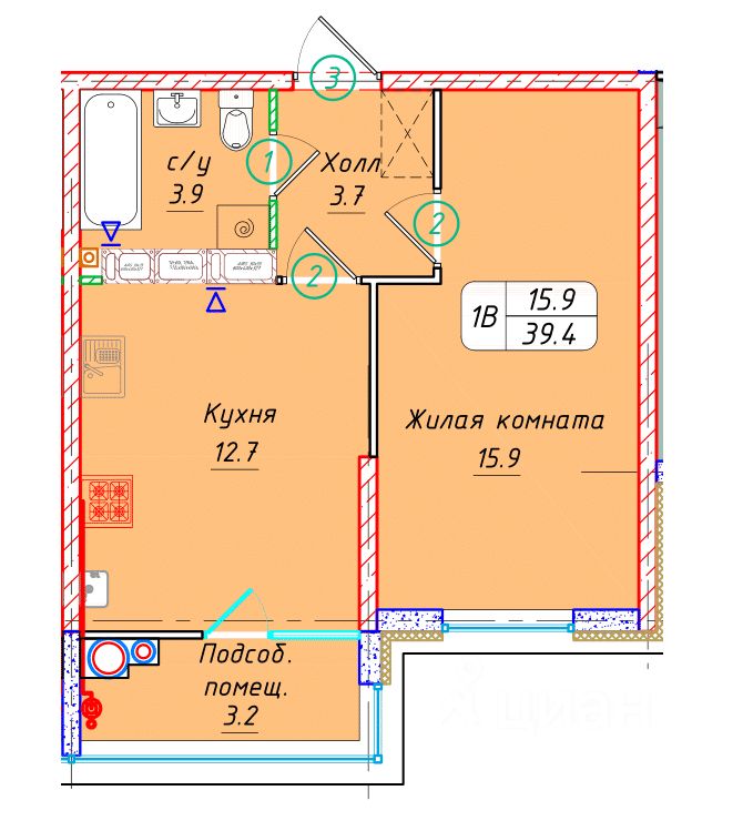 1-комн.кв., 39,4 м², 21/22 этаж