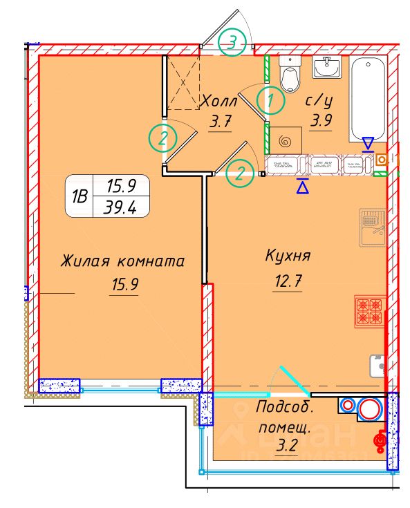 1-комн.кв., 39,4 м², 20/22 этаж