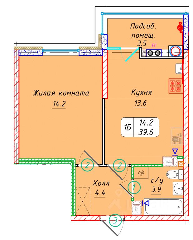 1-комн.кв., 39,6 м², 9/22 этаж