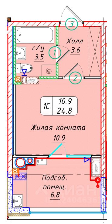 Студия, 24,8 м², 22/22 этаж