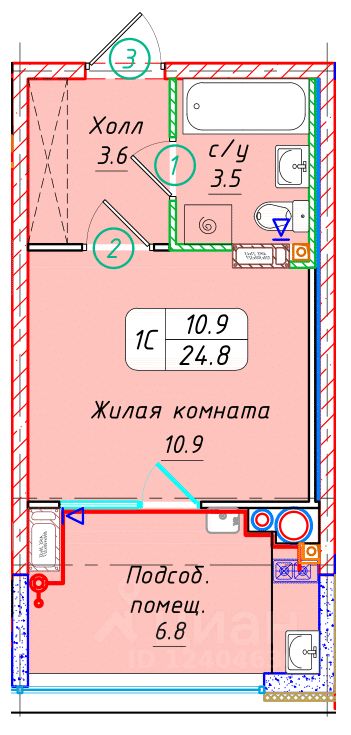 Студия, 24,8 м², 22/22 этаж