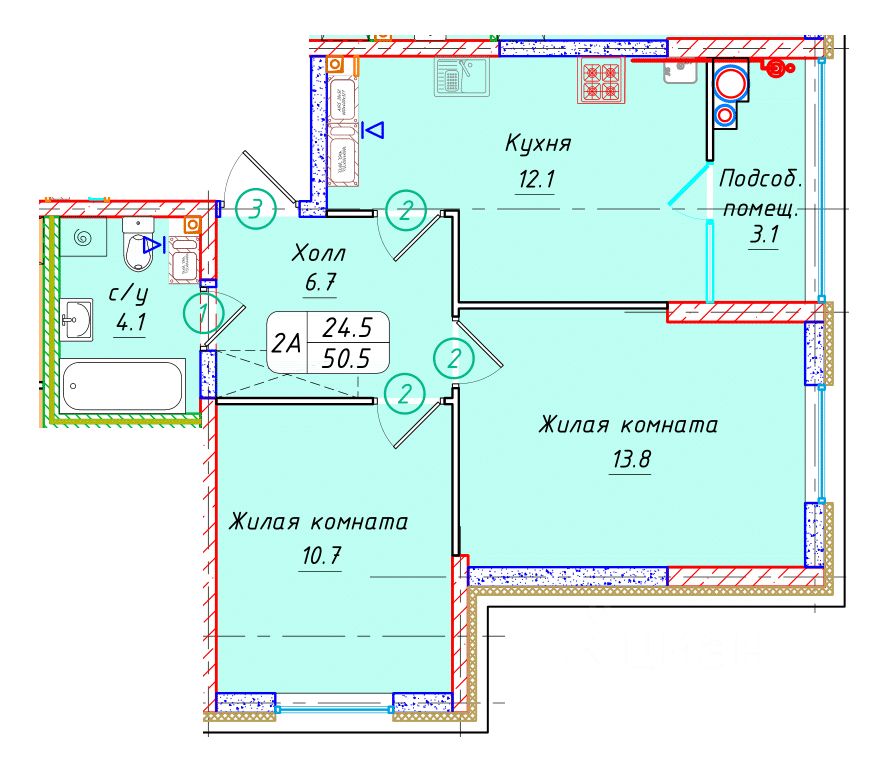 2-комн.кв., 50,5 м², 20/22 этаж