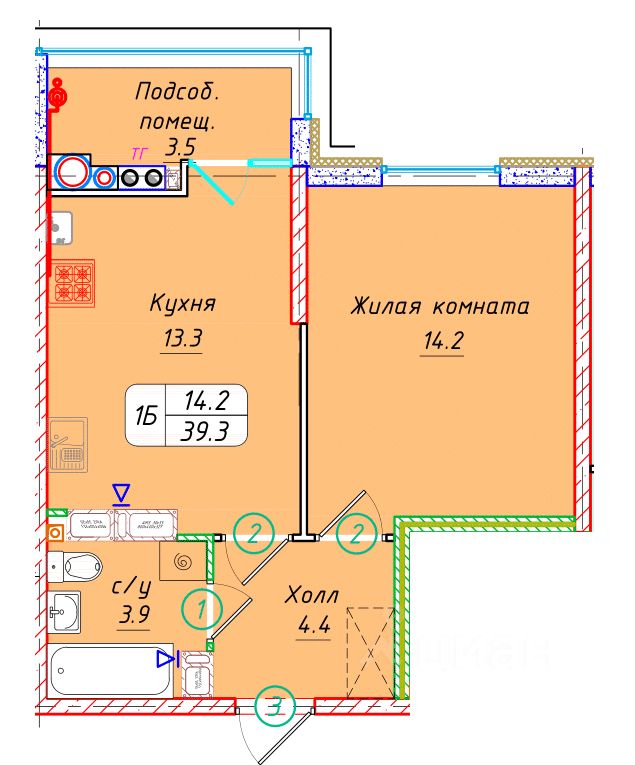 1-комн.кв., 39,3 м², 19/22 этаж