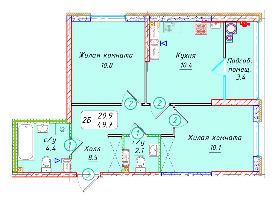 2-комн.кв., 49,7 м², 19/22 этаж