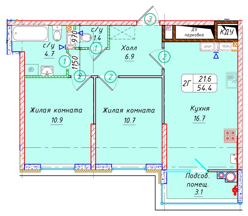 2-комн.кв., 54,4 м², 19/22 этаж