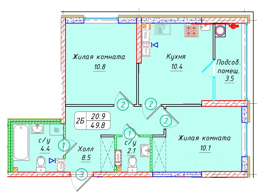 2-комн.кв., 49,8 м², 17/22 этаж