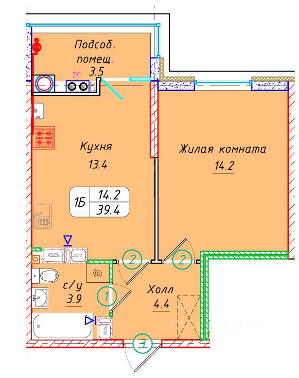 1-комн.кв., 39,4 м², 17/22 этаж