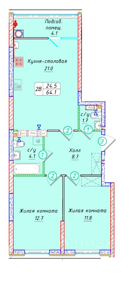 2-комн.кв., 64,1 м², 15/22 этаж