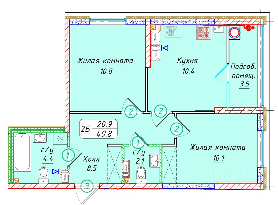 2-комн.кв., 49,8 м², 14/22 этаж