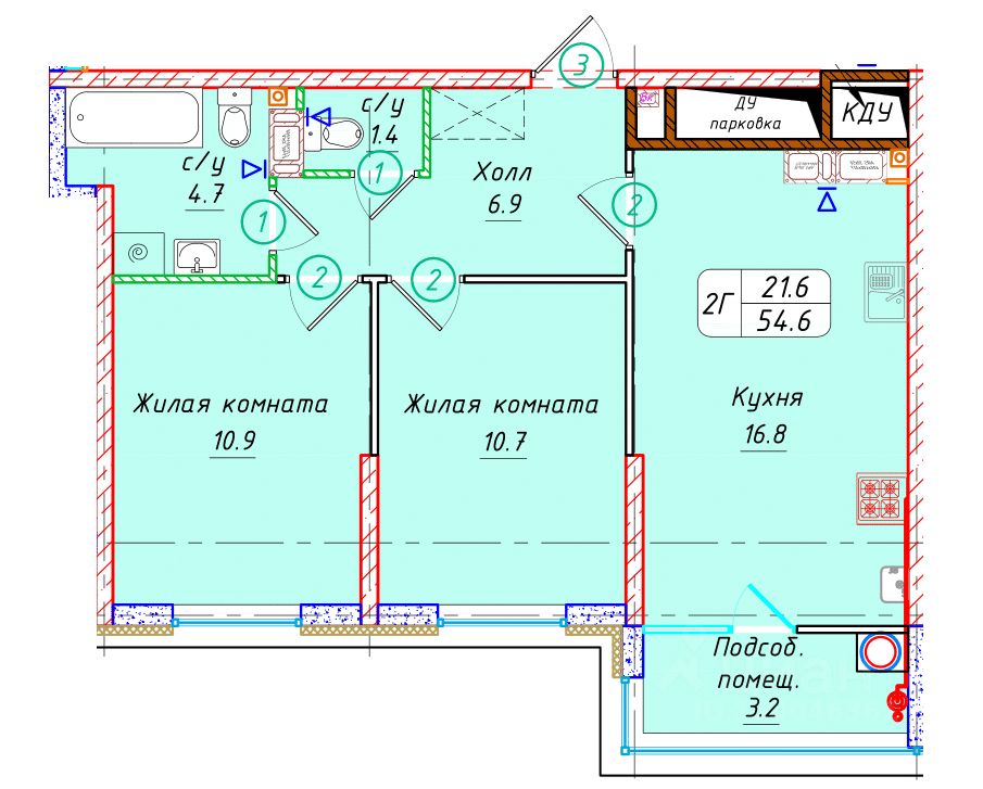 2-комн.кв., 54,6 м², 14/22 этаж