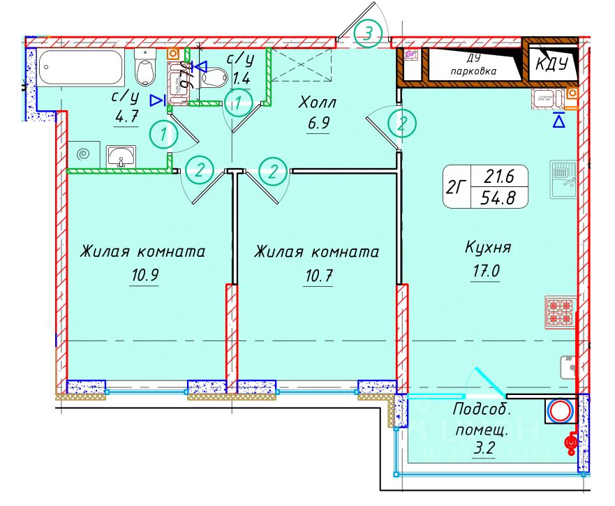 2-комн.кв., 54,8 м², 10/22 этаж