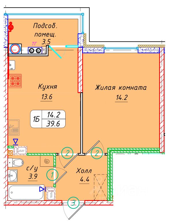 1-комн.кв., 39,6 м², 9/22 этаж