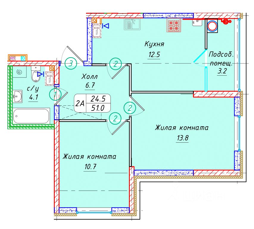 2-комн.кв., 51 м², 7/22 этаж